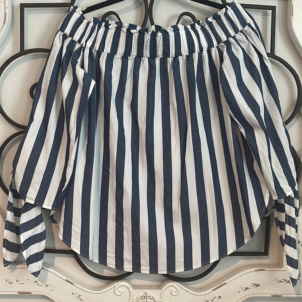 H&M NAUTICAL DROP SHOULDER TIE SLEEVE BLOUSE BLUE/WHITE SIZE 10